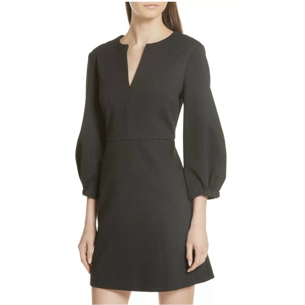 Tibi gray stretch knit split-neck puff sleeve mini dress